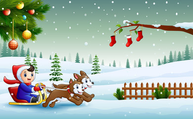Cartoon boy riding sled on the downhill pulled by two dogs
