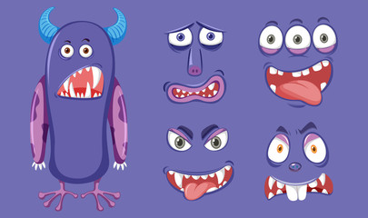 Purple monster with diffrent facial expression