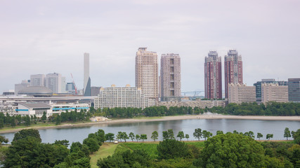 View of the bay of Odaiba with daiba park,mall and hotels.