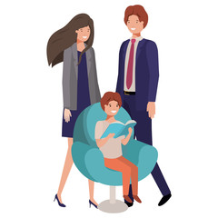 parents couple with son sitting in chair avatar character