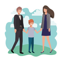 parents couple with son in landscape avatar character