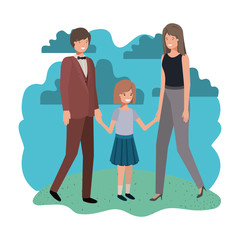 Fototapeta premium parents couple with daugether in landscape