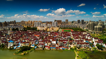 Obraz premium Bird's eye view of the ecological beauty of blue sky and white clouds in langxi county, anhui province, China