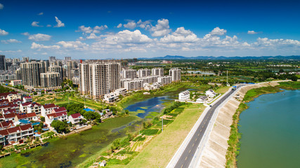 Bird's eye view of the ecological beauty of blue sky and white clouds in langxi county, anhui province, China