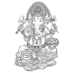Lord Ganpati or Ganesha. Hand drawn.  Vinayaka Chaturthi or Vinayaka Chavithi is a Hindu festival celebrating the birth of Ganesha. Classic vision design. Vector.