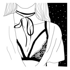 Surreal tattoo artwork . Template for card, poster, banner, print for t-shirt.Vector hand drawn surreal illustration of undressing woman with space instead of body