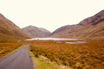 Landscape view of beautiful and tranquil Doo Lough Valley and lake in the Connemara region of Ireland