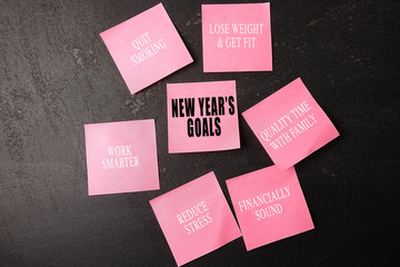 NEW YEAR'S GOALS CONCEPTUAL :A red stickers on a rustic black background.