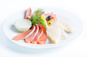Fish assorted red, salmon and white fish on a white background