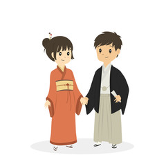 cute couple wearing Japanese traditional dress. Japanese traditional dress cartoon vector