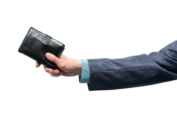 Businessman hand is holding a black leather wallet isolated on the white background.