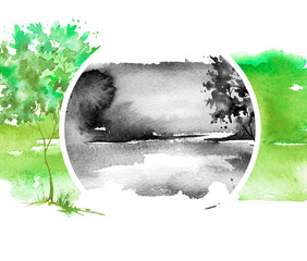 Watercolor summer, spring landscape. green tree on a bright green grass. On a white background. Black blot, a splash of paint. Environmental pollution. In a circular element. Nature, tree, bush