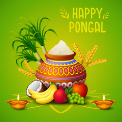 Happy Pongal greeting card on green background