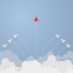 Business concept. Red paper airplane flying changing direction on blue sky of business teamwork and one different vision. Leader, New idea, boss, manager, winner concept, trend. Vector illustration