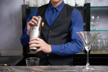 Cropped image of bartender using shaker to mix cocktail ingredients