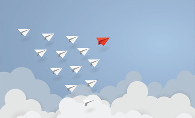 Business concept. Red paper airplane flying changing direction on blue sky of business teamwork and one different vision. Leader, New idea, boss, manager, winner concept, trend. Vector illustration