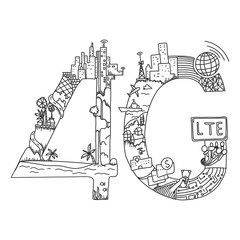 4G network symbol. Doodle hand drawn  vector illustration