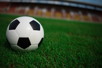 Fototapeta premium soccer ball on grass with stadium background