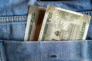 Indian currency Rs 500 notes in the pocket of a jeans