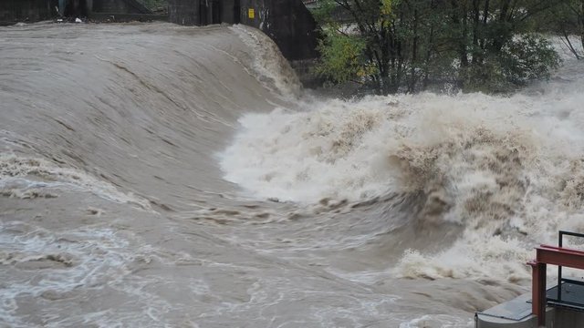 The Serio river swollen after heavy rains. Province of Bergamo, northern Italy