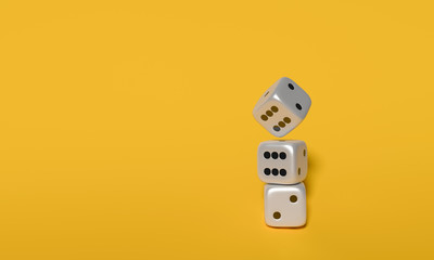 cubes dices 3D Rendering on yellow background.