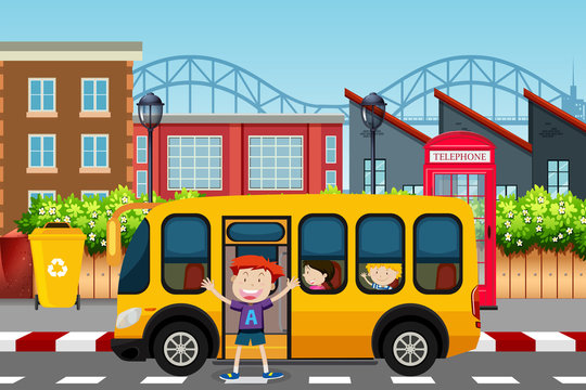 Boy infront of school bus scene