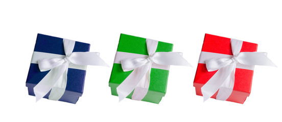 multicolored gift boxes on white background