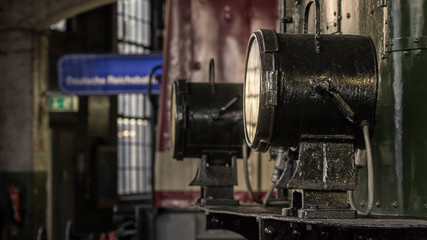 View of the headlights of an old locomotive - 230939545