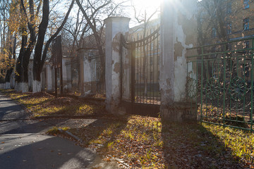 Old concrete fence with large forged gates on a sunny autumn day.
