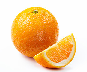 orange with slice and leaf isolated white background