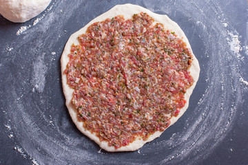Step-by-step cooking Lamagio, Armenian lamb flatbread, step - raw flatbread, top view