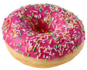 Strawberry donut covered with pink icing Isolated