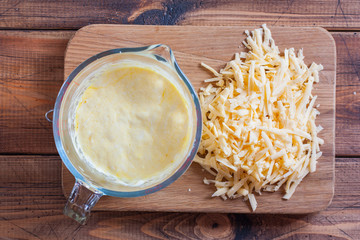 Step-by-step cooking of an open pie with mushrooms and chicken, step - cooking the filling, selective focus