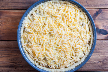 Step-by-step cooking of an open pie with mushrooms and chicken, step - cooking the filling, selective focus