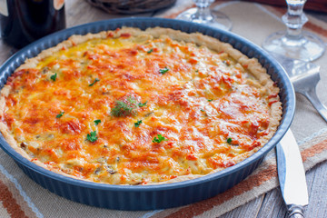 Open pie with chicken and mushrooms, horizontal