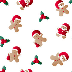 Vector illustration seamless pattern with icons of Christmas leaf, gingerbread men with gift bag, red Santa Claus' clothes and beard on a white background