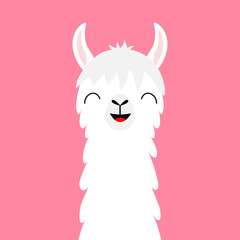 Llama alpaca animal face neck. Fluffy hair fur. Cute cartoon funny kawaii smiling character. Childish baby collection. T-shirt, greeting card, poster template print. Flat design. Pink background. © worldofvector