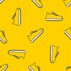 Vector illustration seamless pattern with icons of sports running shoes for (sneakers). Black outline, yellow and white colors. Yellow background