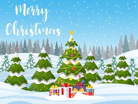 Christmas landscape background with snow and tree