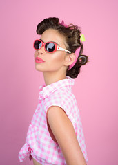 Pin up girl. happy girl in summer glasses. retro woman with fashion makeup. vintage housewife woman make hairstyle. beauty salon and hairdresser. Following her personal style. Looking trendy