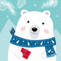 Christmas and New year greeting card design of polar bear with scarf holding red gift box in the winter vector illustration