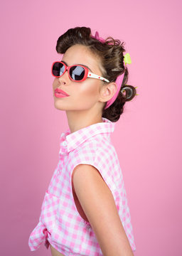 Pin up girl. happy girl in summer glasses. retro woman with fashion makeup. vintage housewife woman make hairstyle. beauty salon and hairdresser. Following her personal style. Looking trendy
