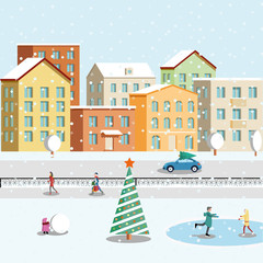 winter city is preparing for a new year, a man goes with gifts, a car carries a Christmas tree, a woman in a red dress, a man skates, a woman skates, children make a snowman, a New Year tree in the ci