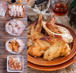 Collage of step-by-step cooking of chicken wings with spices and soy sauce in a baking package, recipe