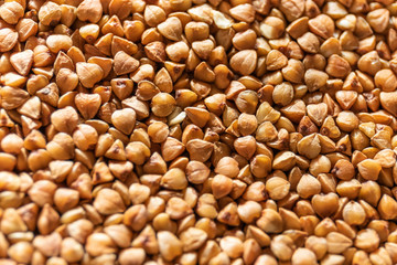 Groat buckwheat raw macro. Diet food concept. Background with focus shallow depth of field.