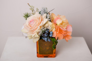 Still life with Bouquet of summer flowers in basket