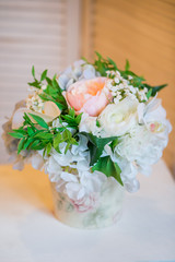 Still life with Bouquet of summer flowers in basket