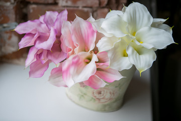 Still life with Bouquet of summer flowers in basket