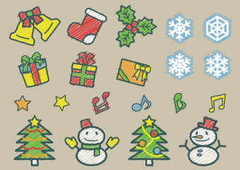 クリスマスのオブジェクト(手書風線画落書き風着色)カーキ色背景