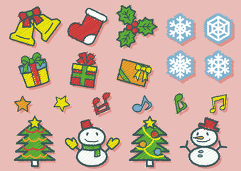 クリスマスのオブジェクト(手書風線画落書き風着色影あり)ピンク色背景